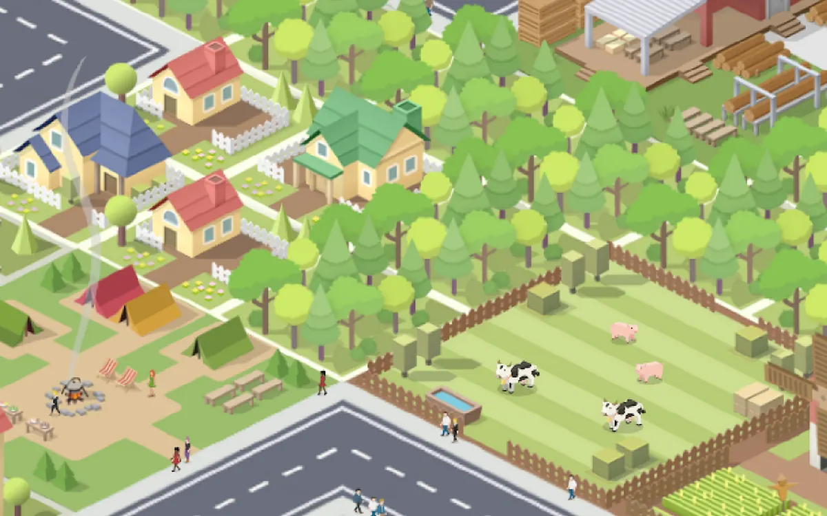 Pocket City gameplay screenshot: a suburban edge of the city with houses, a campsite, woodland and a small livestock farm