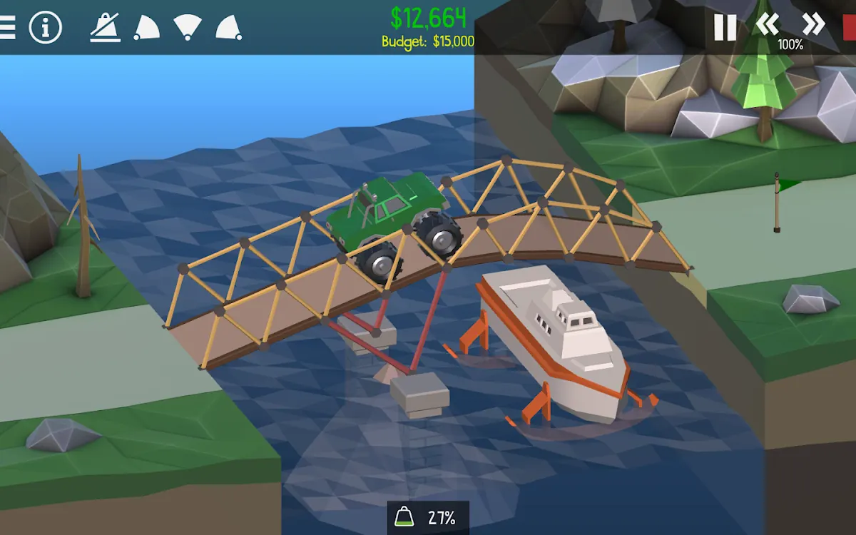 Poly Bridge 2 gameplay screenshot: a wooden truss bridge carrying a green truck over a river, with the budget readout on top