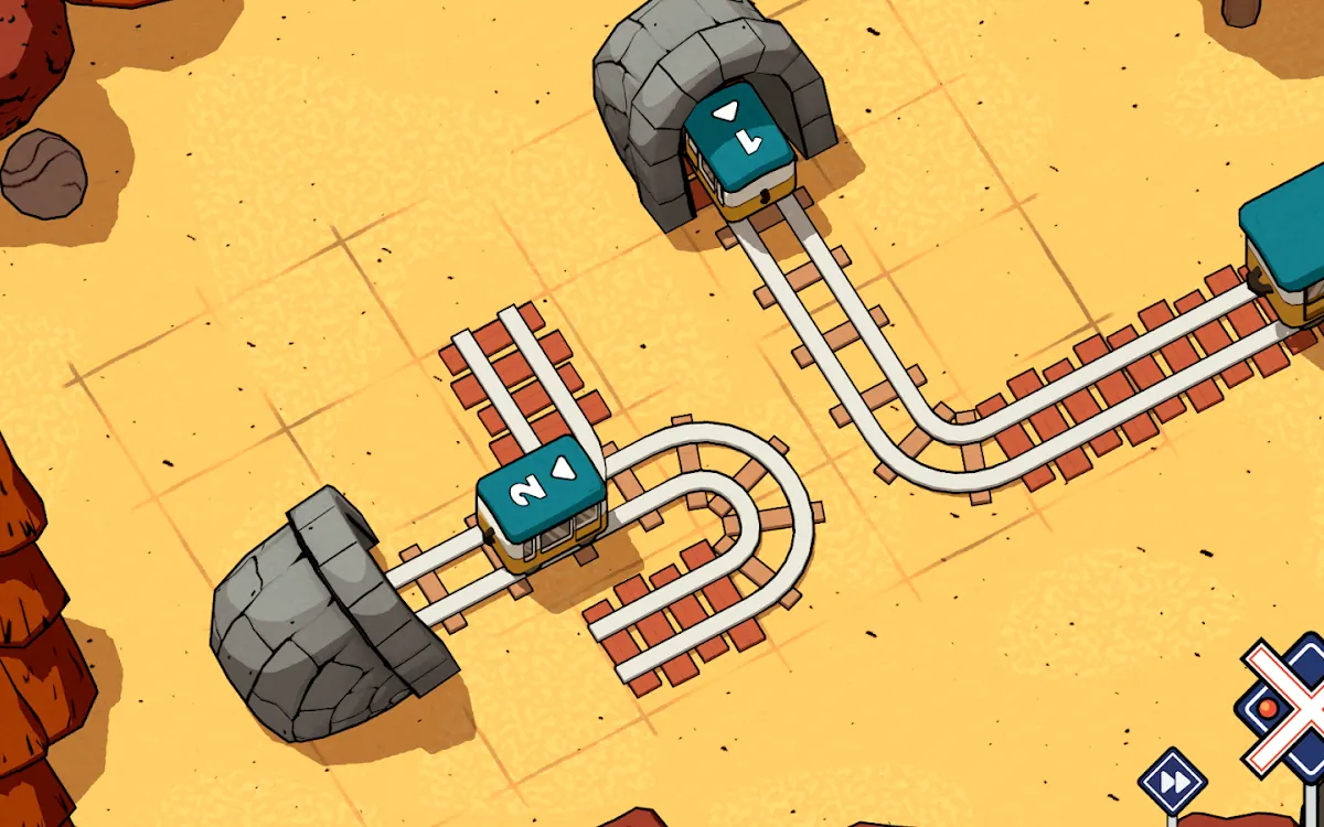 Railbound gameplay screenshot: two numbered carriages on a hand-drawn desert grid, with track pieces looping between tunnels
