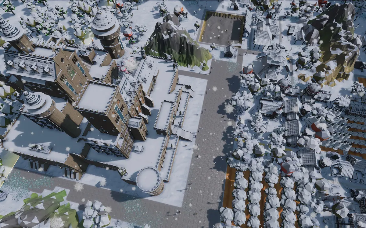Settlement Survival gameplay screenshot: a snow-covered medieval town seen from above, with a stone hall, market rows and orchards